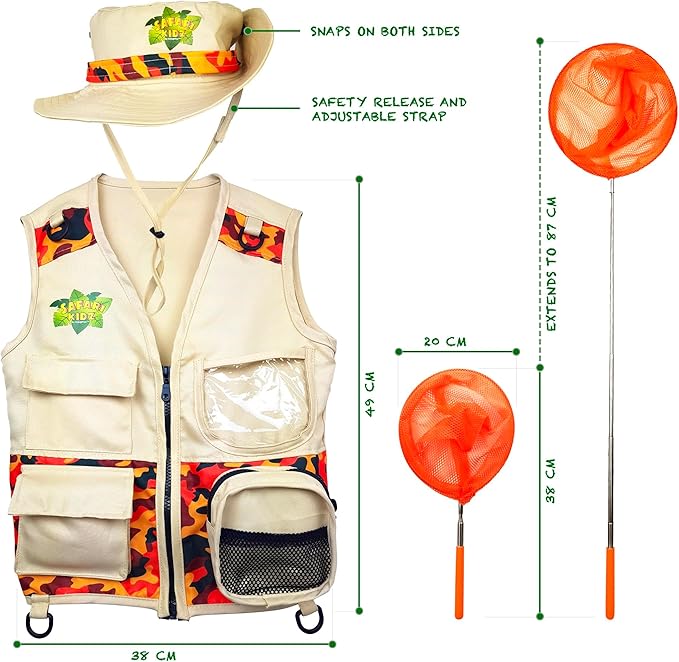 Bug Hunting Kit, Vest, Hat, Binoculars, Lg. Net, Bug Container, Whistle, Flashlight, Magnifier, Thermostat, Compass, Tweezers-CubbioJoy