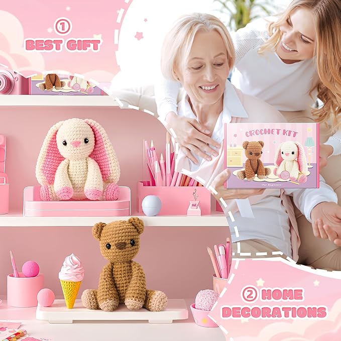 Crochet Kit for Beginners, Bunny and Bear Crochet Animal Kit with Step-by-Step Video Tutorials, Crocheting Kit for Starters, Beginner Crochet Kit for Kids and Adults, DIY Stuffed Animal Knitting Kit-CubbioJoy