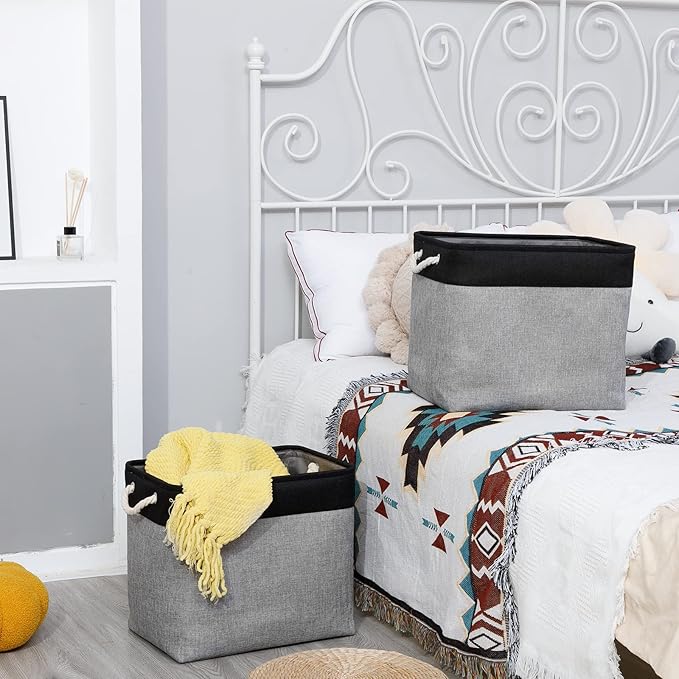 Bidtakay Storage Baskets Extra Large Baskets for Organizing Grey Rectangle Laundry Basket Linen Fabric Bins Set of 2 Clothes Baskets for Closet Shelves Hallway Bedroom Toy Organizer 17x12x15 In-CubbioJoy