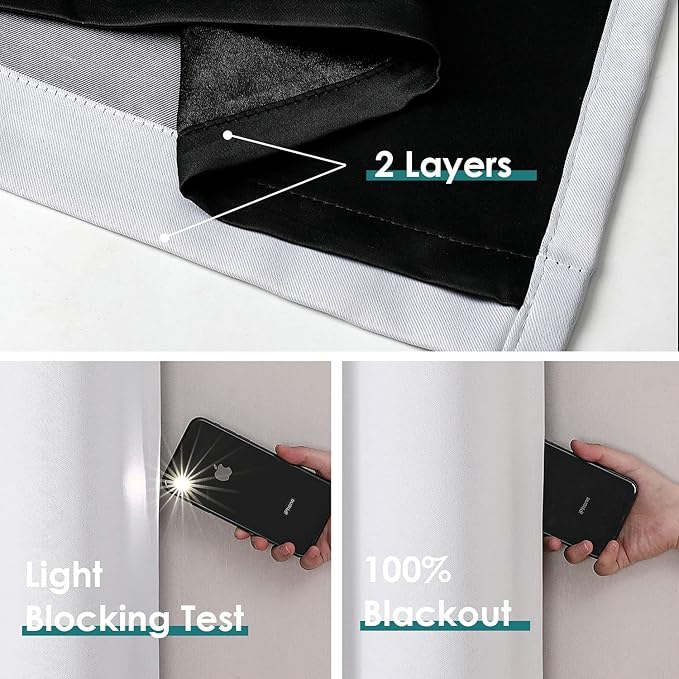 ChrisDowa 100% Blackout Curtains 108 inch Long for Bedroom with Black Liner, 2 Thick Layers Total Blackout Thermal Insulated Grommet Window Curtains 2 Panels Set (Greyish White, 52 x 108 Inch)-CubbioJoy