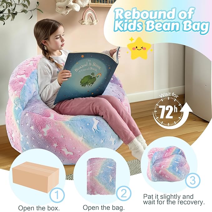 COMAX Bean Bag Chair for Kids, Convertible Toddler Beanbag Bed Unicorn, Children Bean Chair Stuffed to Floor Mattress with Filler, Growing Colorful Rainbow-CubbioJoy