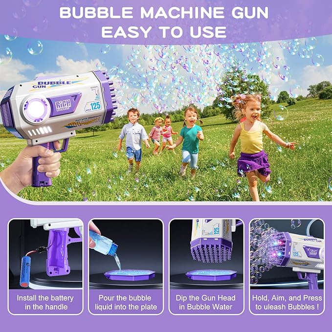 Bubble Gun, 125 Holes Bubble Machine Gun, Bubble Blaster Gun for Kids, Rechargeable Bubble Gun with Bubble Solution, Summer Toy Party Favors Bubble Maker for Wedding Birthday (Purple)-CubbioJoy