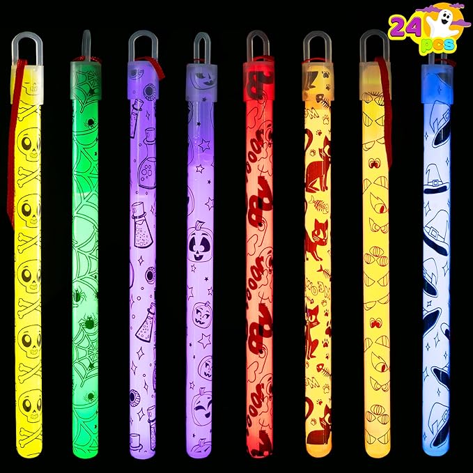 JOYIN 24 Pcs Halloween Glow Stick Hanging Wands in 8 Different Pattern Designs and 6 Colors for Kids Party Favors, Halloween Party Supplies, Glow in the Dark, Goodies Bags Fillers, Non Candy Treats-CubbioJoy