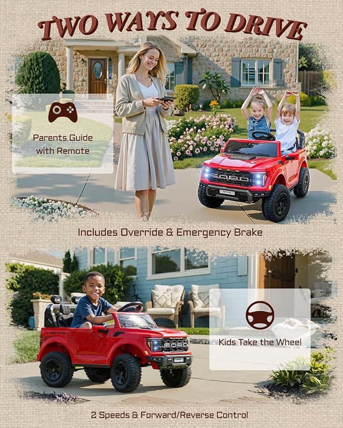 24V 2 Seater Ride on Toys for Kids, Licensed Ford F-150 Raptor Kids Electric Vehicles w/Remote Control, Power Pedal and Durable Wheels, LED Lights, Bluetooth, Truck Bed Storage (Red)-CubbioJoy