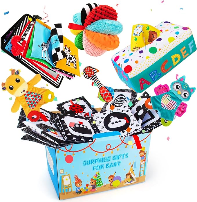 Baby Gifts Set,Infant Toys Set with Tummy Time Mirror,Plush Teethers,High Contrast Baby Books,Rattle,Tissue Box Toy,Sensory Ball for Boys Girls,Perfect Sensory Toys Gifts Basket for Shower Birthday-CubbioJoy