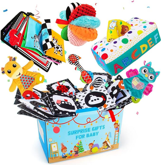 Baby Gifts Set,Infant Toys Set with Tummy Time Mirror,Plush Teethers,High Contrast Baby Books,Rattle,Tissue Box Toy,Sensory Ball for Boys Girls,Perfect Sensory Toys Gifts Basket for Shower Birthday-CubbioJoy