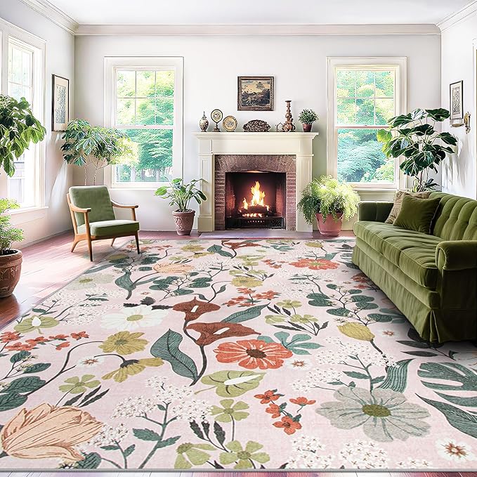 Area Rug Living Room Rugs: 5x7 Washable Rug Vintage Floral Soft Boho Non Slip Carpet Indoor Floor Non Shedding Low Pile Thin Carpets for Bedroom Dining Room Farmhouse Nursery Home Office Light Pink-CubbioJoy