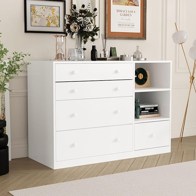 Changing Table Dresser, Baby Classic Nursery Dresser with 5 Drawers and 2 Shelves, Multi-Functional Baby Changing Table, Diaper Changing Station for Children's Room, White-CubbioJoy