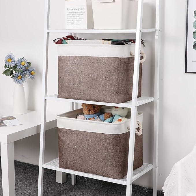 Bidtakay Large Storage Baskets with Handles for Organizing 16" x 11.8" x 11.8" Rustic Shelf Baskets [2-Pack] Foldable Clothes Baskets Fabric Collapsible Bins for Closet (White&Earthy Brown)-CubbioJoy