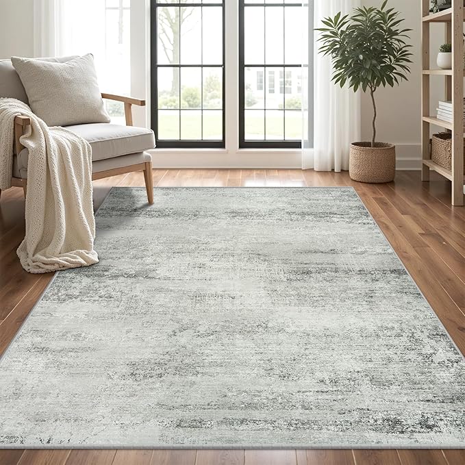 5x7 Area Rugs for Lliving Room Bedroom, Abstract Washable Rugs with Non-Slip Backing, Stain Resistant Thin Carpet for Dorm Dining Room Table Nursery Indoor Home Office-Gray-CubbioJoy