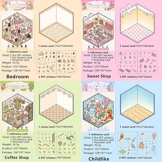 DIY 3D Sticker Scene，8 Sets Pack（500+）, Reusable Sticker Book, Cute Sets for Free Combination, Cute Waterproof for Anywhere, Crafts Party Favors Birthday Gift-CubbioJoy