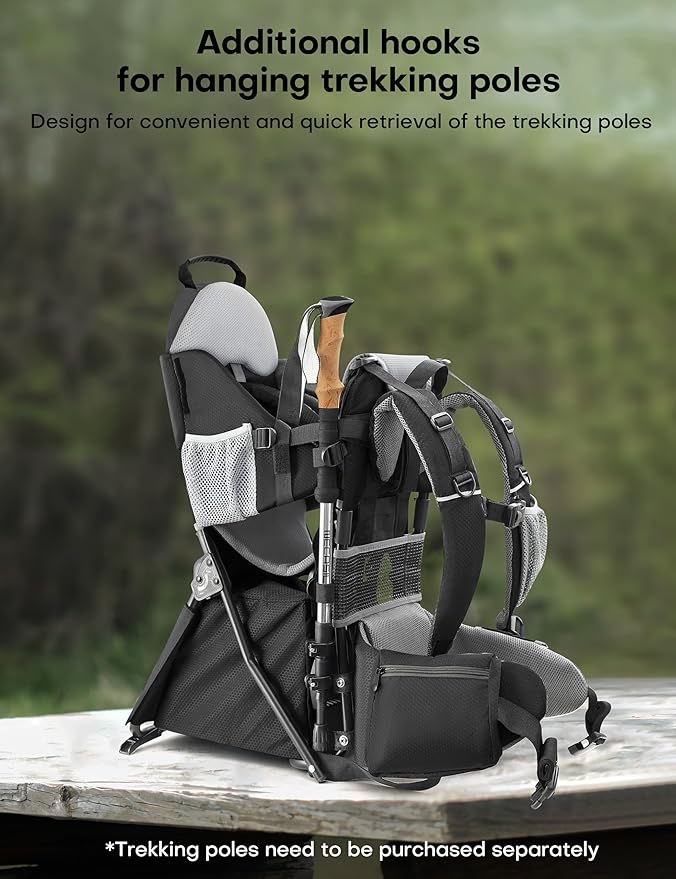 besrey Baby Backpack Carrier, Toddler Hiking Backpack with Safety 3-Height Seat, Adjustable Straps&Waist Belt, Foldable Frame Lightweight Large Capacity Child Carrier for Hiking (Black/Grey)-CubbioJoy