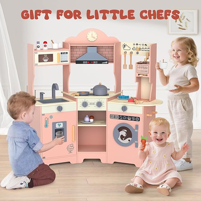 ANPABO Play Kitchen for Kids, Wooden Kitchen Playset w/Real Lights & Sounds, Coffee & Ice Maker, Microwave, Stove, 30Pcs Accessories Include Play Food, Pretend Play Set for Boys & Girls, Pink-CubbioJoy