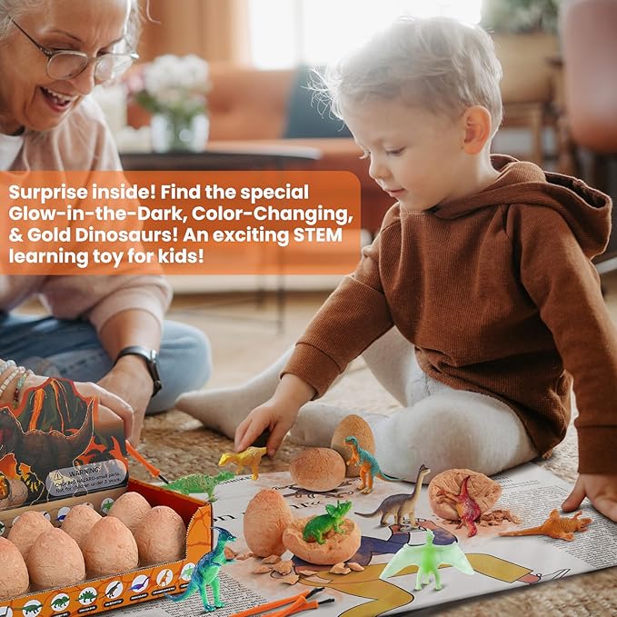 Dino Eggs Excavation Dig Kit-12 Unique Dinosaur Eggs with Educational Learning Cards -Easter Eggs STEM Science Activities - Educational Toy Gift for Kids Boys Girls Age 3+-CubbioJoy