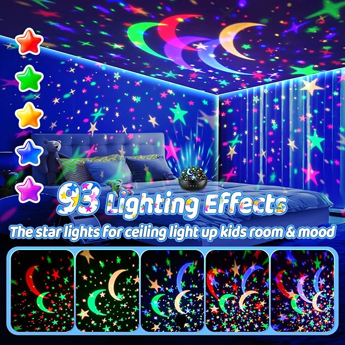 COOLNIGHT Night Light for Kids, 93 Lighting+3 Films Kids Night Light Projector, Remote+Dimmable Star Projector, 360°Slient Glow in The Dark Stars for Ceiling, Gift for 3-8-CubbioJoy