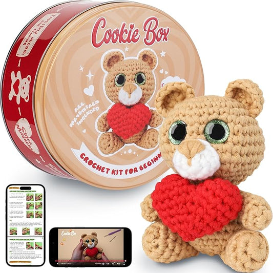 Cookie Box Crochet Kit for Beginners - Learn to Craft Amigurumi Stuffed Animals - Knitting Gift for Kids and Adults - Beginner-Friendly Yarn - Stitch-by-Stitch Video Tutorial - Bear Charlie-CubbioJoy