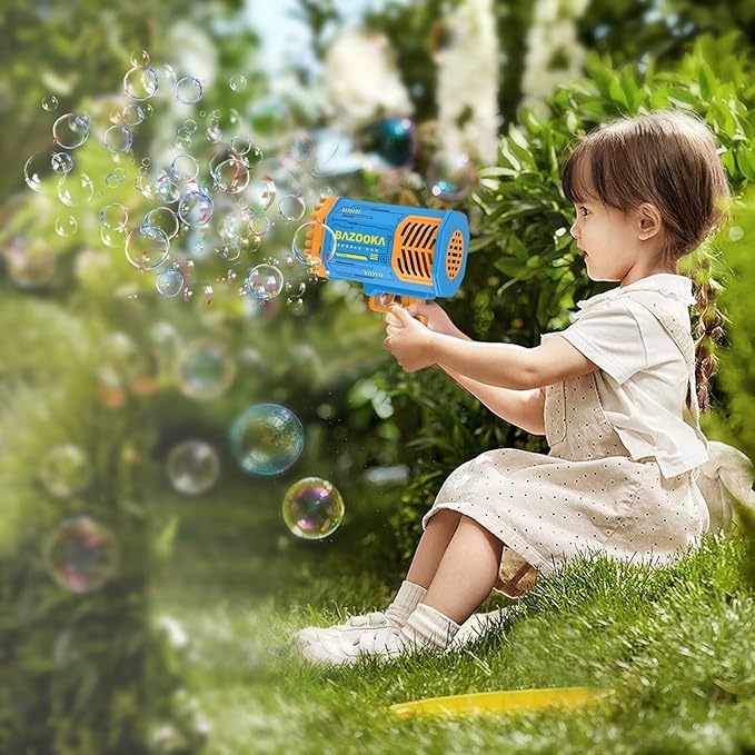 Bubble Gun Bazooka Machine with Solution - 69 Holes Blaster for Outdoor Summer Toy, Party Favors - Blue Bubble Maker Blowers for Kids-CubbioJoy