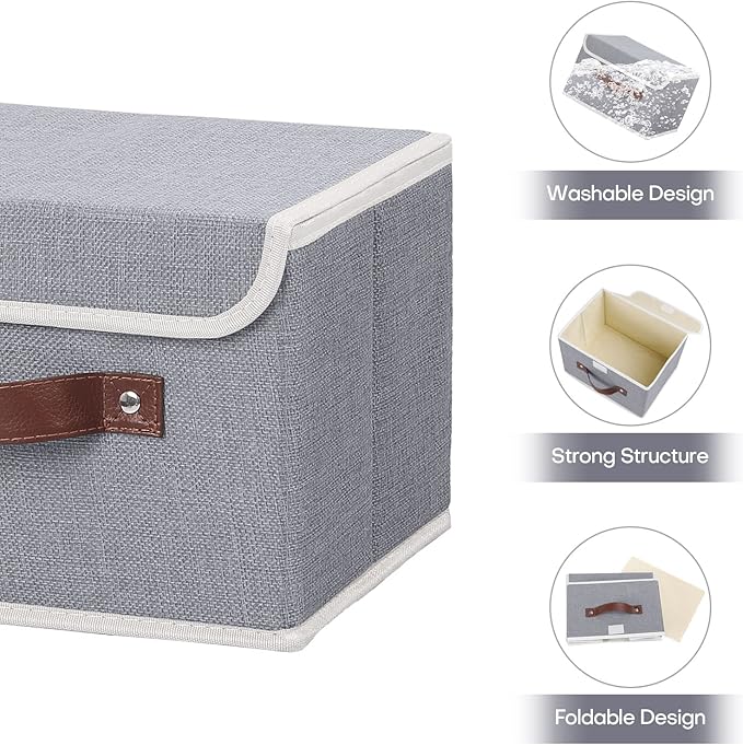 ANMINY 2PCS Storage Bins with Lid PU Leather Handles Storage Boxes PP Plastic Board Decorative Foldable Lidded Cotton Linen Fabric Home Cubes Baskets Closet Organizer Containers - Gray, Small Size-CubbioJoy