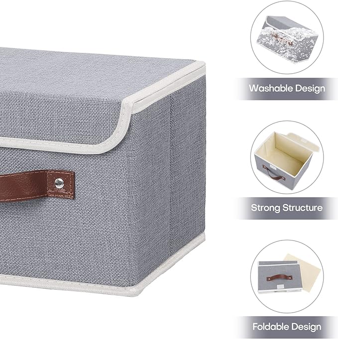 ANMINY Storage Bin with Lid Storage Boxes with PU Leather Handles PP Plastic Board Decorative Foldable Lidded Cotton Linen Fabric Home Cubes Baskets Closet Organizer Container - Gray, Small Size-CubbioJoy