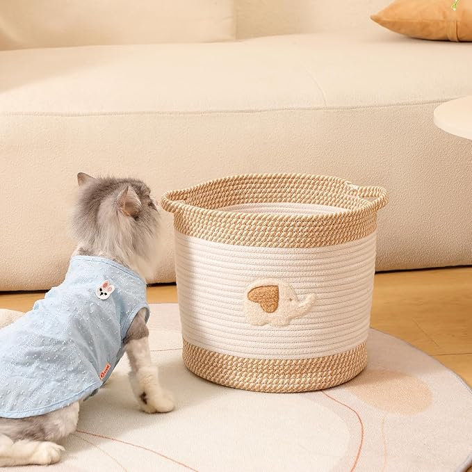 INough Toy Storage Baskets Woven Cotton Rope Storage Basket for Kids, Blanket Baskets for Living Room Toy Basket Box Toys Organizer with Embroidery Decor Cute Baskets for Nursery, Playroom (Elephant)-CubbioJoy