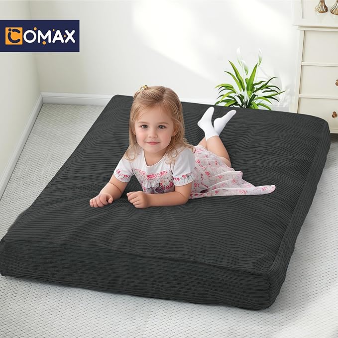 COMAX Bean Bag Chair for Kids 8-12, Toddler Beanbag Bed Corduroy, Convertible Child Bean Chair to Floor Mattress with Filler, Kid Reading Comfy Lounge Couch for Boys and Girls Bedroom, Dark Grey-CubbioJoy