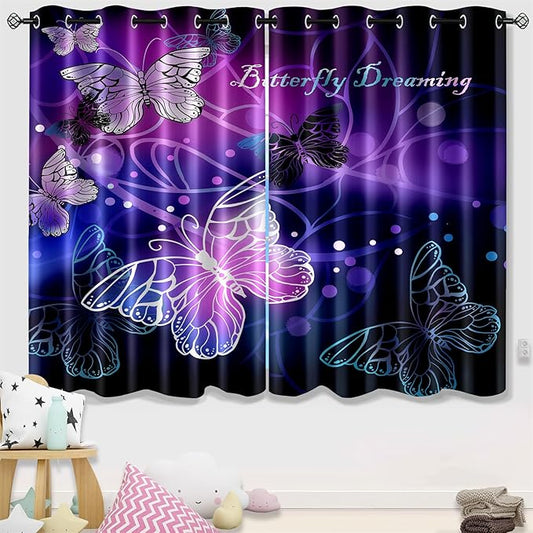 Butterfly Blackout Curtain for Girls Bedroom 2Pcs, Purple Window Curtain Panels Drapes Set Curtains 63 inch Length for Kids Bedroom Nursery Room Grommet Top Thermal Insulated Curtains, 82" x 63"-CubbioJoy