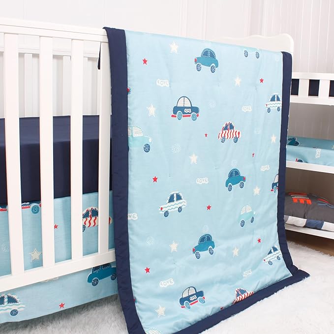 CaSaJa Baby 3-Piece Crib Bedding Set for Boys Girls, Including Soft Quilted Comforter(Blanket), Fitted Crib Sheet and Skirt, Soft Nursery Bedding Set Made of Silky Comfy Materials, Love Cars-CubbioJoy