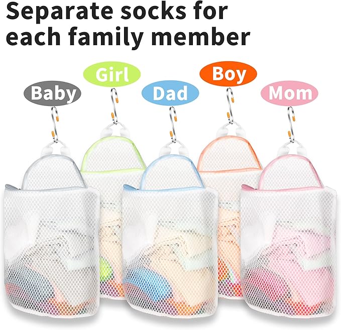 5Pcs Hanging Laundry Bags for Socks with S Hooks, 5 Color Mesh Laundry Bags for Washing Machine-CubbioJoy