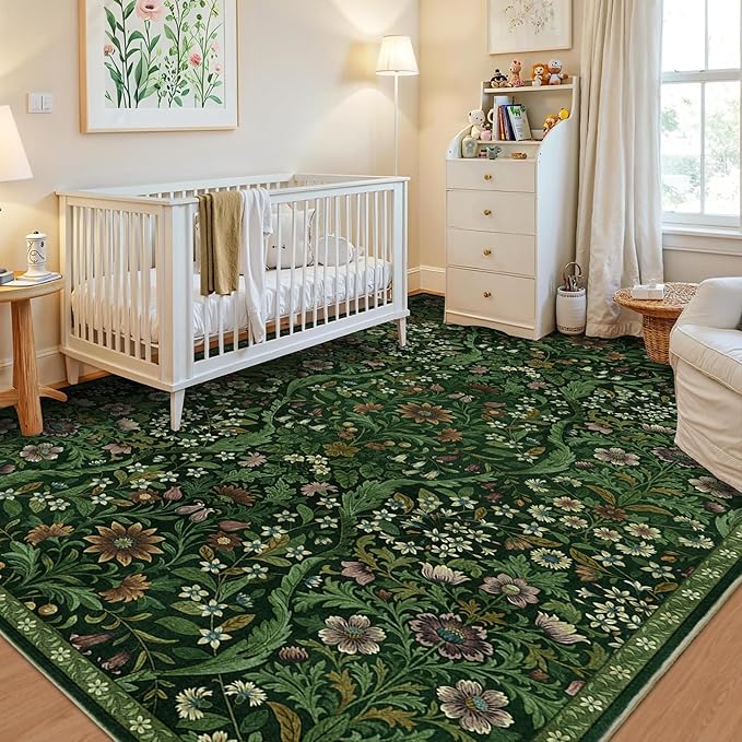 5×7 Dark Green Washable Floral Area Rug,Vintage Boho Soft Low-Pile Living Room Rugs, Stain Resistant Botanical Non-Slip Carpet for Bedroom,Dining Room, Kids Nursery,Home Decor-CubbioJoy