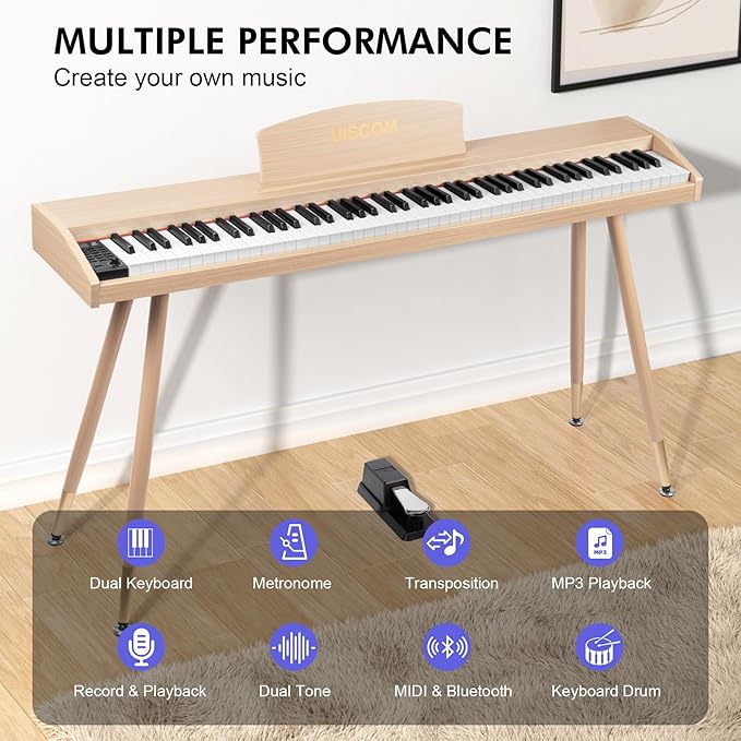 Digital Piano Keyboard for Beginners, Full Size 88 Key Semi-Weighted Keyboard Electric Piano with Stand,Power Adapter,Sheet Music Stand,Pedal,Headphone,USB-MIDI Compatible,Wood Grain Apricot-CubbioJoy