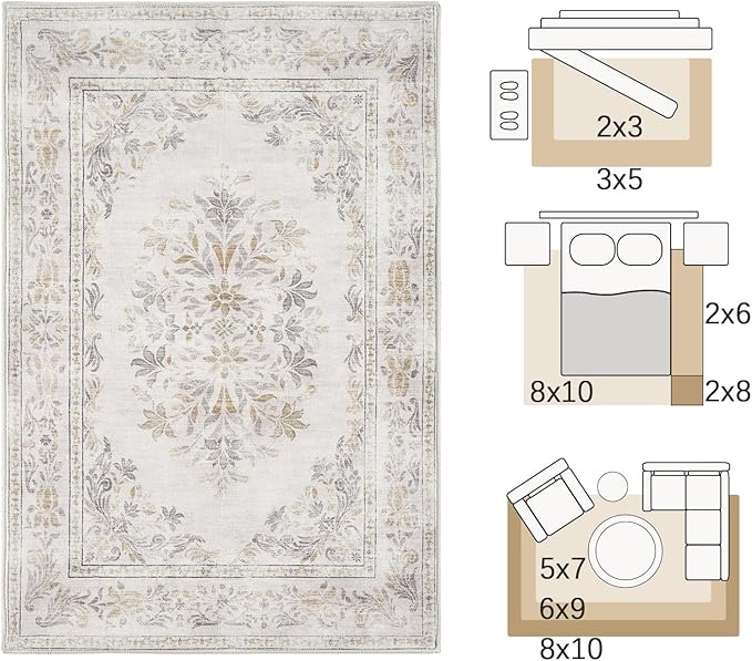 jinchan Vintage Floral 5x7 Area Rugs - Machine Washable Distressed Design Soft Ultra-Thin Low-Pile Non-Slip Carpet for Kitchen Bedroom Nursery Living Room Dining Room Home Office (5x7ft,Light Grey)-CubbioJoy