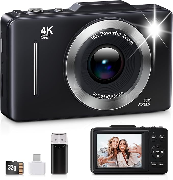 Digital Camera, FHD 1080P Kids Camera Digital with 16x Zoom Anti Shake, 32GB Card, 4K 48MP Portable Compact Point and Shoot Cameras, Vintage Small Camera for Teens Beginner Kids Present-CubbioJoy