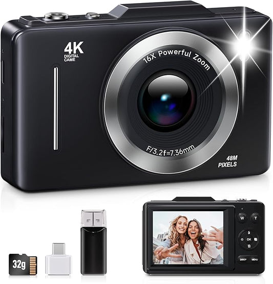 Digital Camera, FHD 1080P Kids Camera Digital with 16x Zoom Anti Shake, 32GB Card, 4K 48MP Portable Compact Point and Shoot Cameras, Vintage Small Camera for Teens Beginner Kids Present-CubbioJoy
