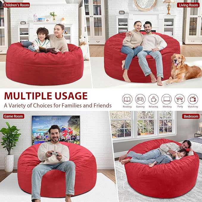 4FT Bean Bag Chair, Large Bean Bag Chairs with Memory Foam Filled, Fluffy Beanbag Sofa with Dutch Velvet Cover, Round BeanBag Chairs for Living Room, Playroom - Red-CubbioJoy