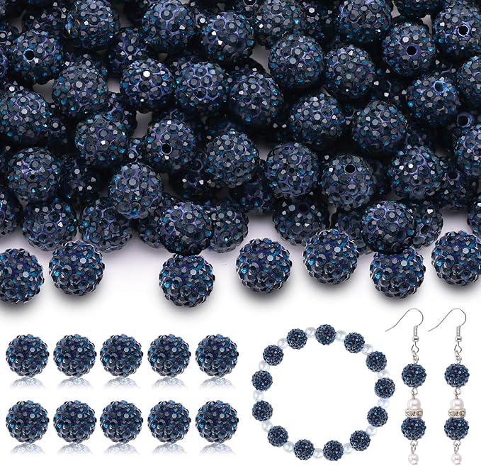 200pcs 10mm Rhinestone Beads for Jewelry Making, Blue Black Shiny Round Disco Ball Beads Bulk, Sparkle Crystal Clay Christmas for Bracelet Baseball Necklace Earring Crafting and DIY-CubbioJoy