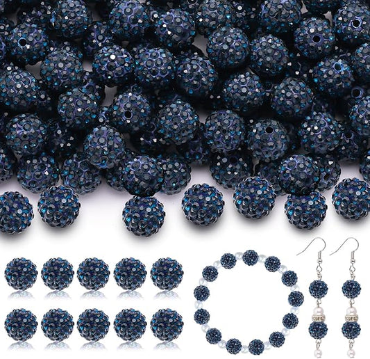 200pcs 10mm Rhinestone Beads for Jewelry Making, Blue Black Shiny Round Disco Ball Beads Bulk, Sparkle Crystal Clay Christmas for Bracelet Baseball Necklace Earring Crafting and DIY-CubbioJoy