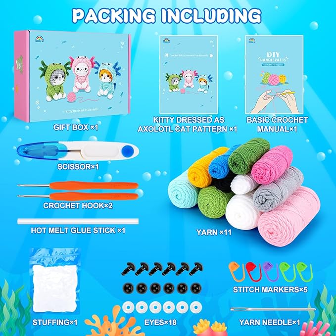 Crochet Kit for Beginners - 3 PCS Axolotl Cat Crochet Kits with Step-by-Step Video Tutorials, Beginner Crochet Kit for Adults, Crochet Cat Dressed as Axolotl Set (Blue & Green & Pink)-CubbioJoy