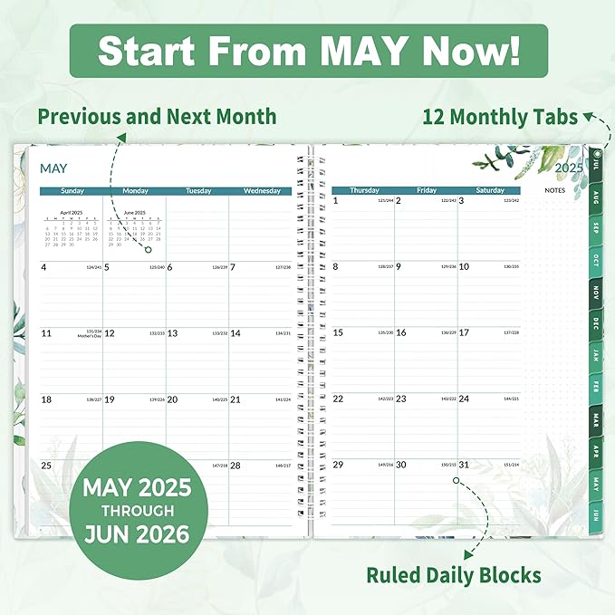 SUNEE Academic Planner 2025-2026 Weekly and Monthly, July 2025-June 2026, 8.5"x11", Tabs, Note Pages, Pockets, Bookmark, Flexible Cover, Spiral Binding, Greenery-CubbioJoy