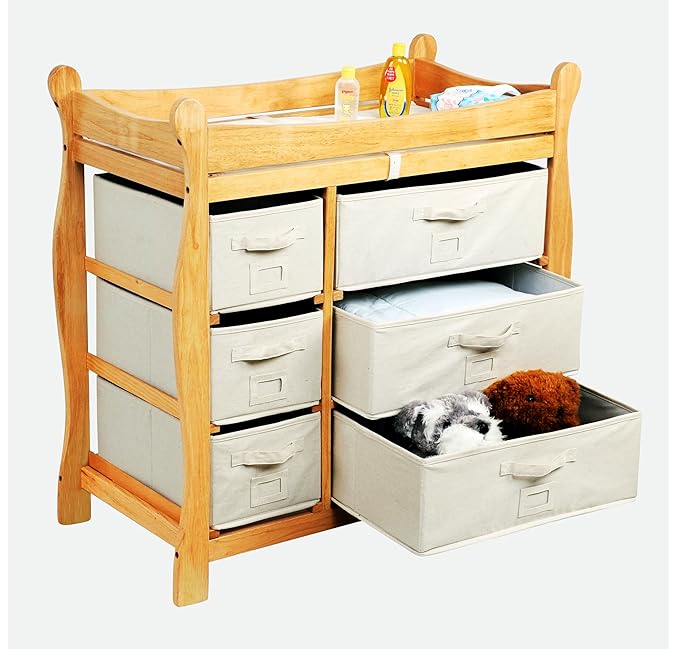 Badger Basket Sleigh Style Baby Changing Table - Diaper Station with 6 Removable Storage Baskets, Safety Rails, Pad, and Belt - Nursery Organizer - Natural/Ecru-CubbioJoy