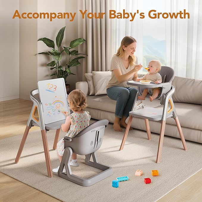 CoziBB Baby High Chair, 6 in 1 Convertible Growing Baby Highchairs for Babies and Toddlers, Baby Chair with Adjustable Dining Tray and Seat, 5-Point Safety Belt, Grey-CubbioJoy