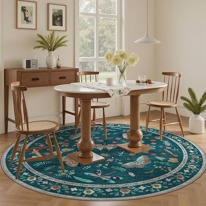 4ft Washable Round Rug - Bug Rugs for Living Room Non-Slip Low Pile Soft Ultra-Thin Machine Washable Circle Carpet for Bedroom, Entryway, Nursery, Kitchen, Home Office (4' Round Teal)-CubbioJoy