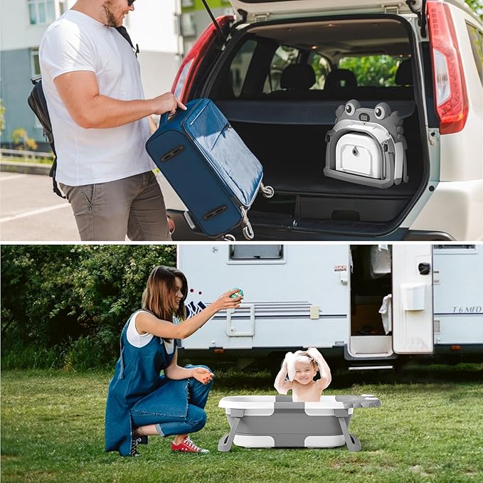 Collapsible Baby Bathtub for Newborns to Toddler with Real-time Temp Monitor & Floating Cushion,Portable Travel Tub for 0-36 Month, Foldable Baby Bath Tub for Infants Boy (Grey)-CubbioJoy