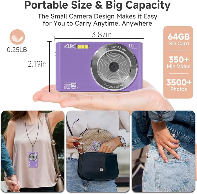 Digital Camera, 44MP FHD 4K Vlogging Camera for Kids Point and Shoot Cameras with 64GB Card, 16X Zoom Portable Compact Small Camera Gifts for Teens Boys Girls Adult Beginner-CubbioJoy