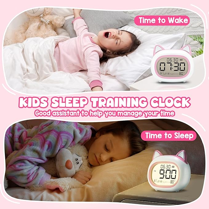 Kids Alarm Clock with Night Light for Kids, Small Digital Alarm Clocks for Bedrooms, Routine Builder, Cute Cat Alarm Clock with Sleep Training, Snooze, 12/24H, Date & Day, Temperature, USB Port-CubbioJoy