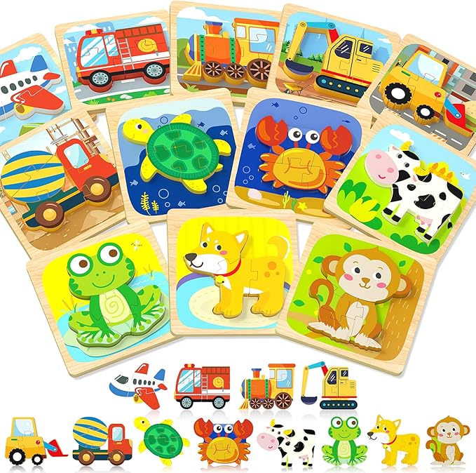 Benresive Wooden Toddler Puzzles, Montessori Toys for 1 2 3 Year Old Boys, Toys for 1 2 3 Year Old Boy Birthday Gifts, 12 Pack Vehicle Toddler Learning Educational Puzzles-CubbioJoy