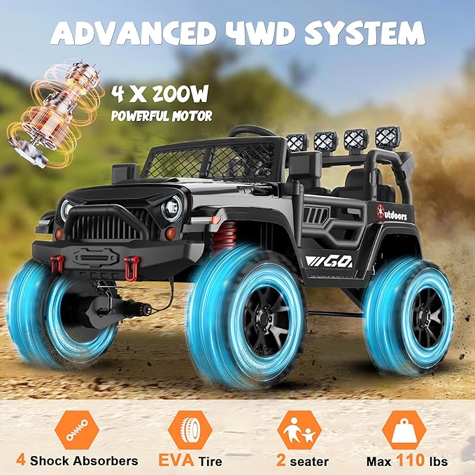 ANPABO 24V 2 Seater Ride On Car for Kids w/EVA Tires, 4X200W Motors, 4 Shock Absorbers, 2.4G Remote Control, Bluetooth Radio, LED Headlights & Searchlights, Electric Car for Kids Ages 3-8, Black-CubbioJoy
