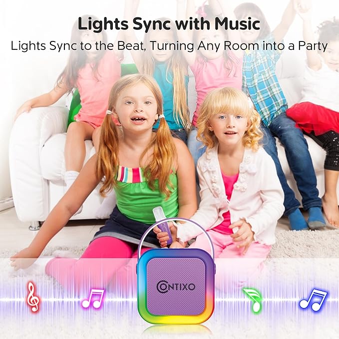 Contixo KS1A Kids Mini Karaoke Machine with LED Lights, 7–10H Playback, Dual Wireless Mics, Magic Voice Effects, Bluetooth Speaker for Children, Portable Singing Toy Gift for Boys & Girls, Purple-CubbioJoy