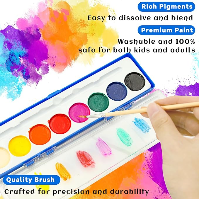 36 Pack Watercolor Paint Set for Kids - 8 Washable,Bright Colors with Paintbrush Watercolor Paint Bulk for Kids Party Favors,Classrooms Supplies,Art Lessons-CubbioJoy