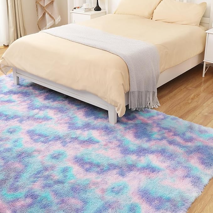 4x5.8 Rainbow Rug for Girls Room, Fluffy Area Rugs for Bedroom, Colorful Kids Rug Cute Anti-Skid Indoor Carpet for Nursery, Living Room, Playroom, Home Decor-CubbioJoy