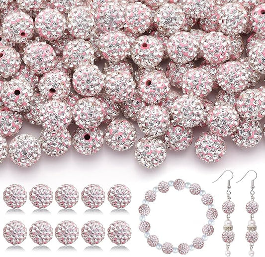 160pcs 10mm Rhinestone Beads for Jewelry Making, Pink White Shiny Round Disco Ball Beads Bulk, Sparkle Crystal Clay Christmas for Bracelet Baseball Necklace Earring Crafting and DIY-CubbioJoy